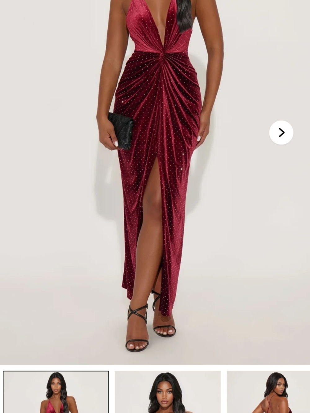 Velvet Ruched Deep V-Neck, High-Slit Maxi Dress - Burgundy